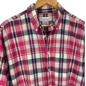 Brooks Brothers Shirt Short Sleeve Plaid Button Up Men's Large Pink/Black/Green